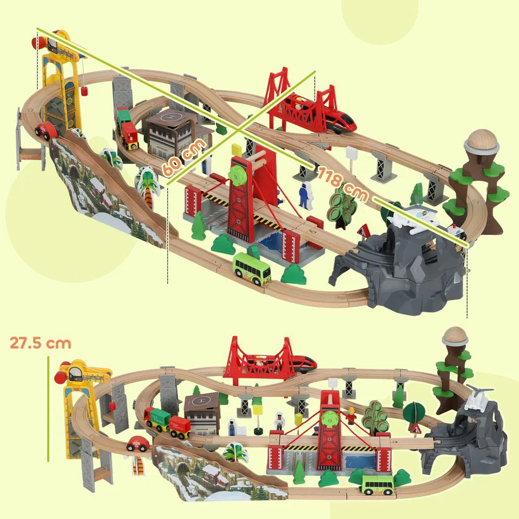 AIYAPLAY 100 Piece Wooden Train Set for Kids 3 Years with Track, Crane, Battery Operated Train