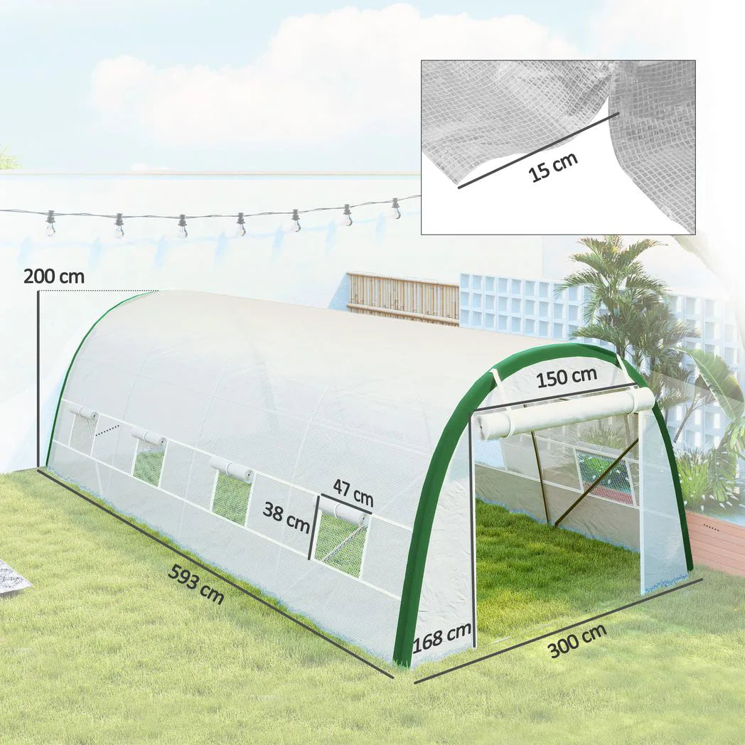Outsunny Walk-in Polytunnel Greenhouse Tunnel Warm House Tent with Zipped Doors, 8 Mesh Windows, PE Cover, 6 x 3 m, White