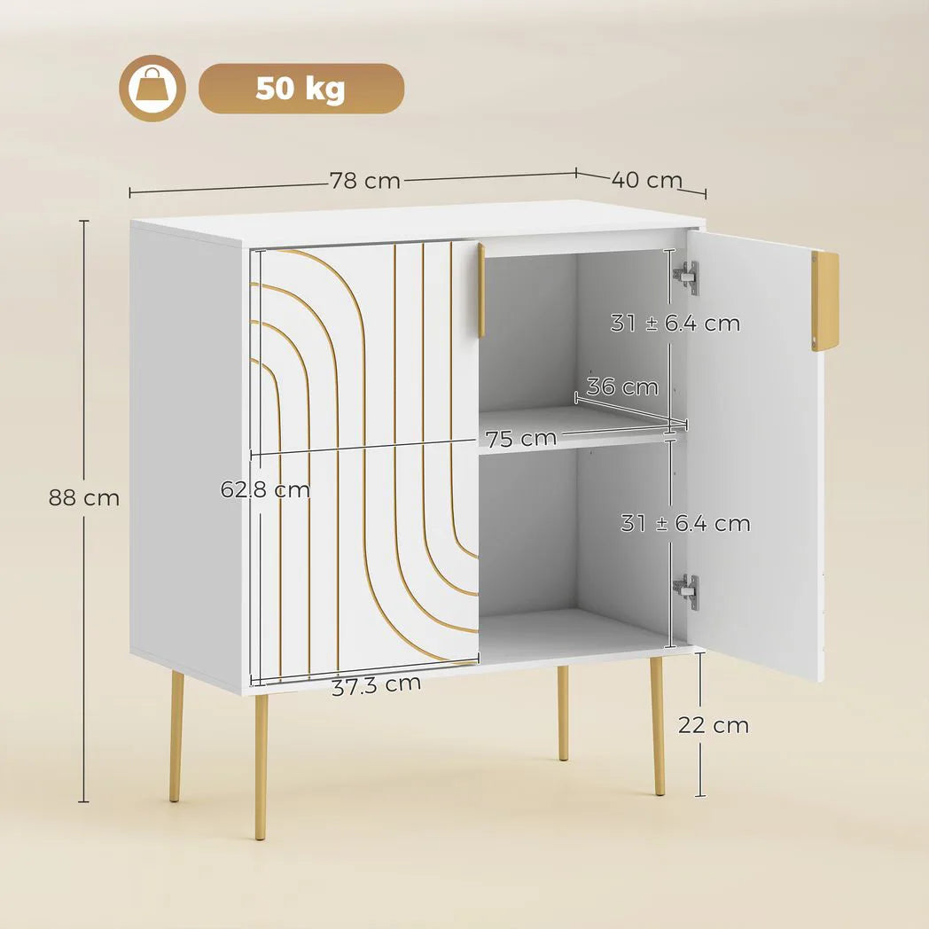 Modern Kitchen Cupboard, Storage Cabinet with 2 Doors, Adjustable Shelf and Metal Legs, White
