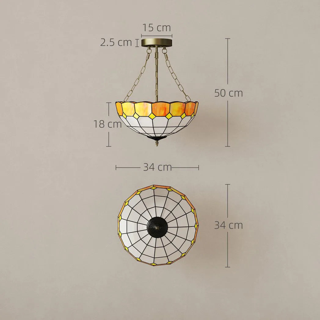 Tiffany Style Ceiling Light, Vintage Chandelier with 3 E27 Sockets, Semi Flush Mount for Living Room, Bulbs Not Included