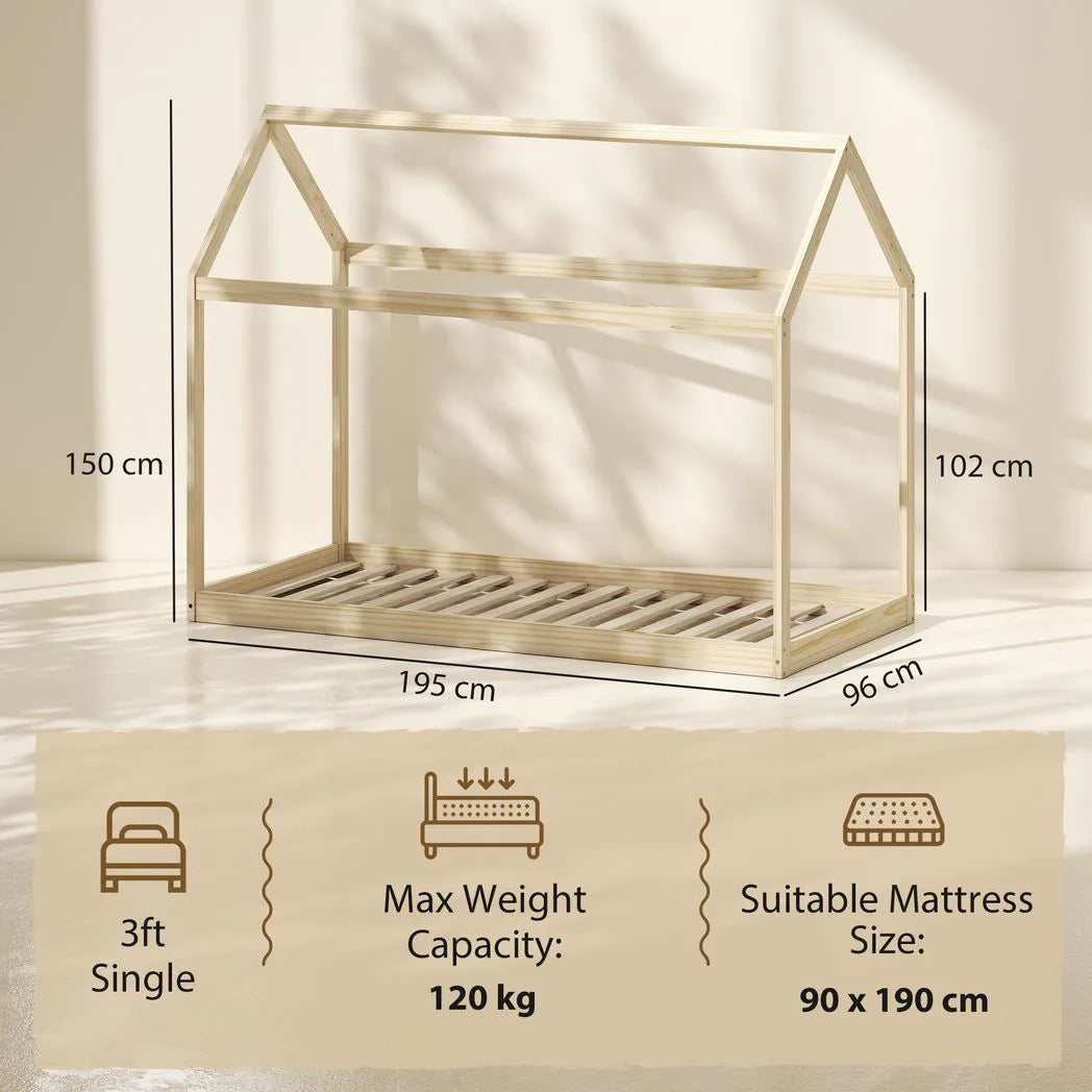 Single Bed Frame, House Scandinavian Wooden Bed Frame for 90W x 190Dcm Mattress, Pine Wood Bed Base, Natural Wood Finish