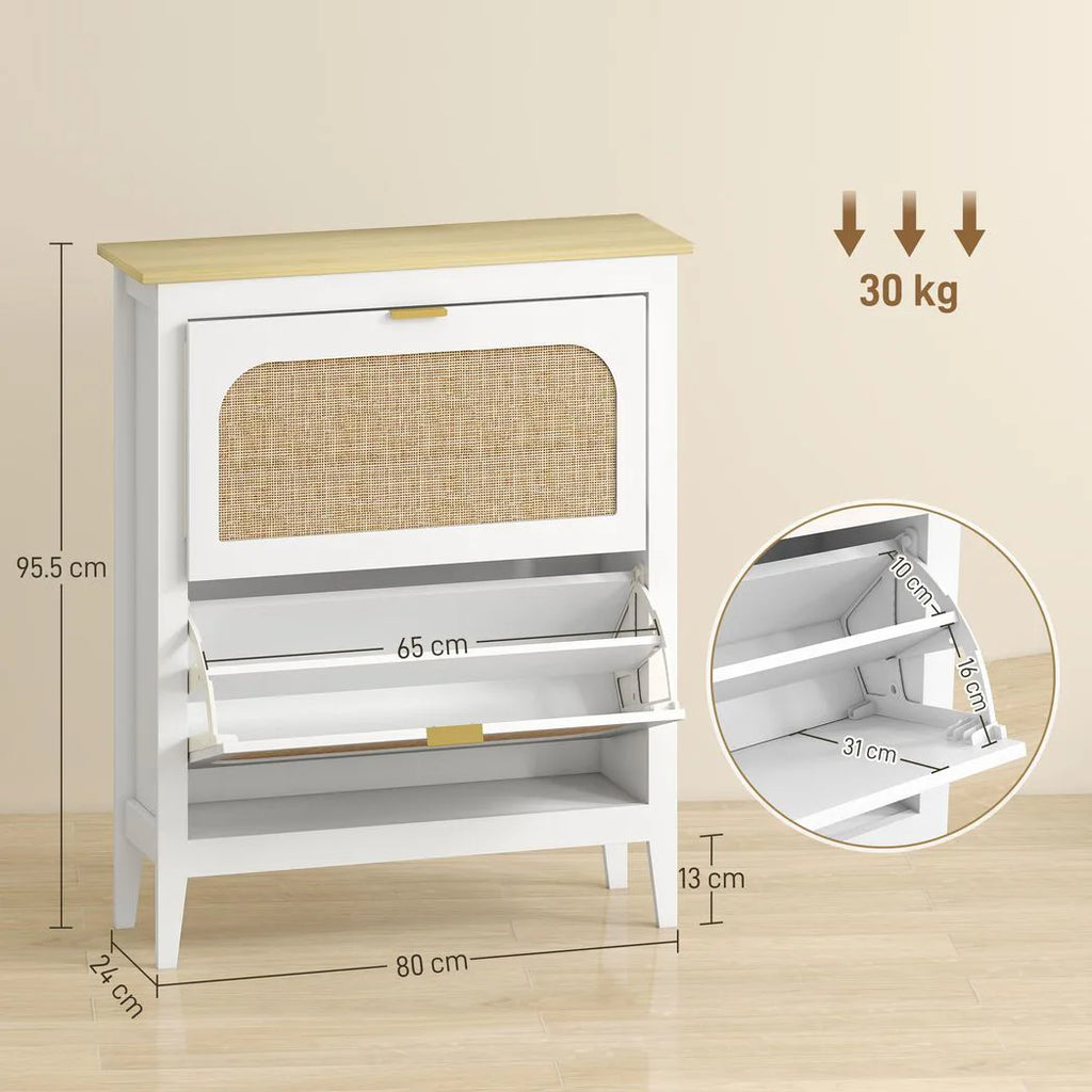 Narrow Shoe Cabinet, Boho Slim Shoe Storage Cabinet with 2 Flip Drawers, Holds 14 Pairs, White