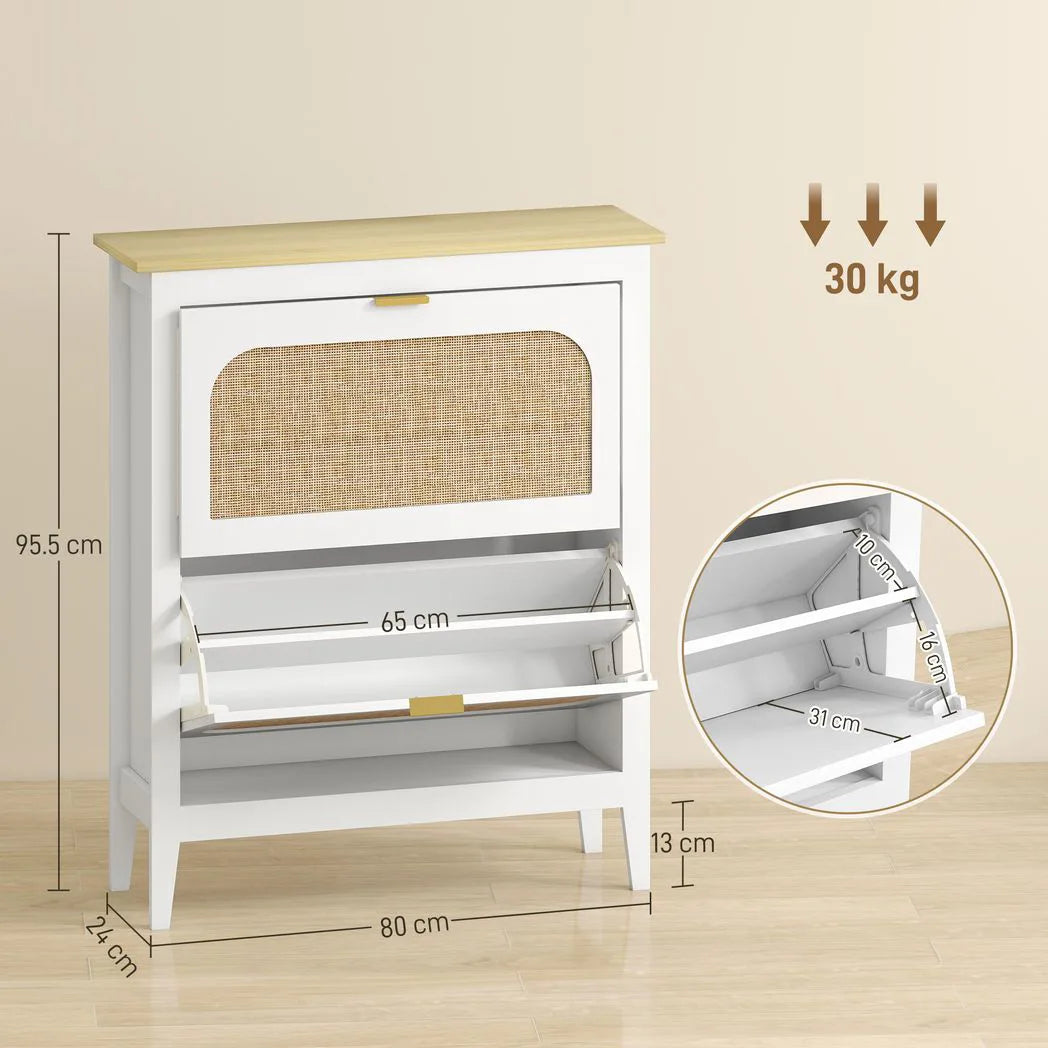 Narrow Shoe Cabinet, Boho Slim Shoe Storage Cabinet with 2 Flip Drawers, Holds 14 Pairs, White