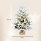 60 cm Prelit Small Christmas Tree with 35 LED Lights, Snow Flocked Tabletop Mini Xmas Tree with Pine Cones, Berry Clusters and Linen Cover Base, Battery Operated, Green