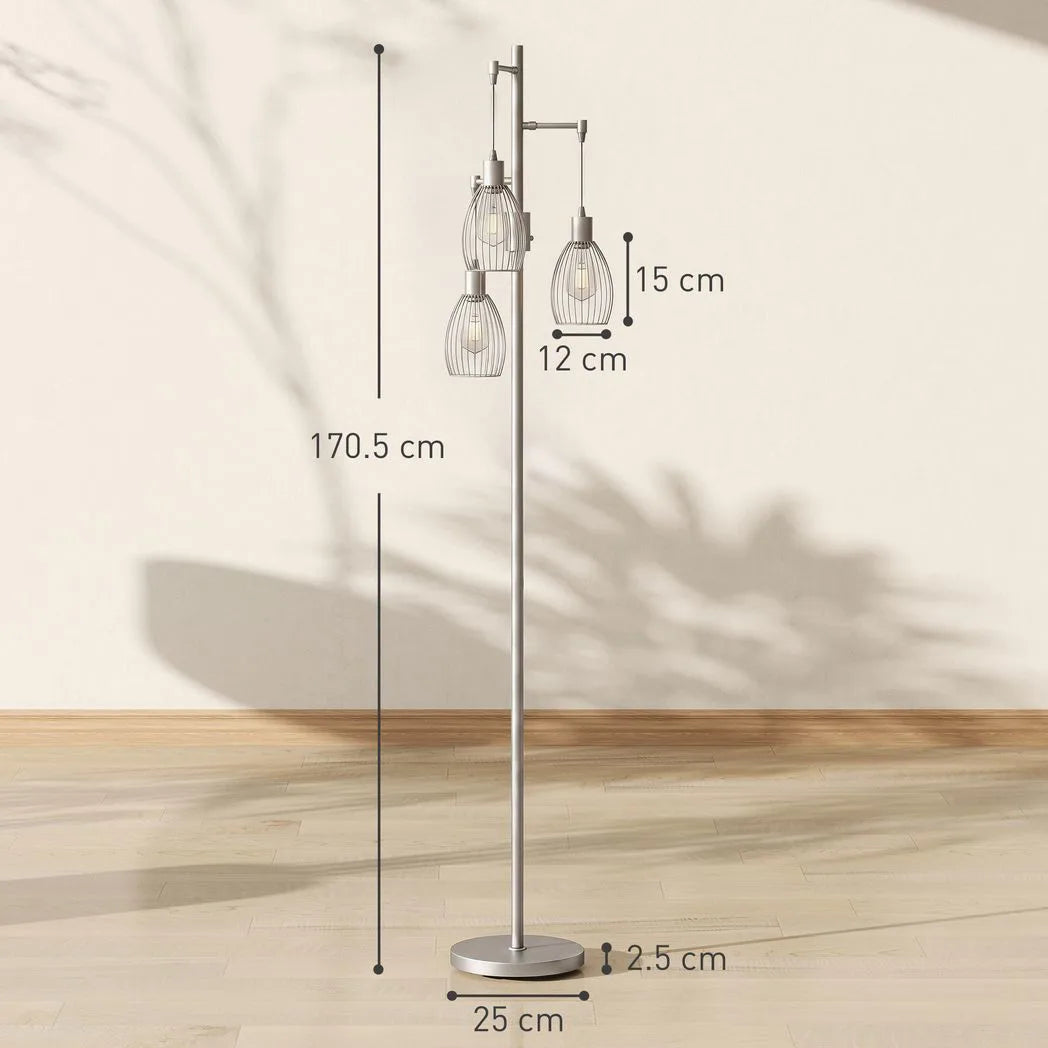 170.5cm Industrial Dimmable Standing Lamp, 3-Light Floor Lamp with Steel Wire Cage Lampshades, Silver Tone