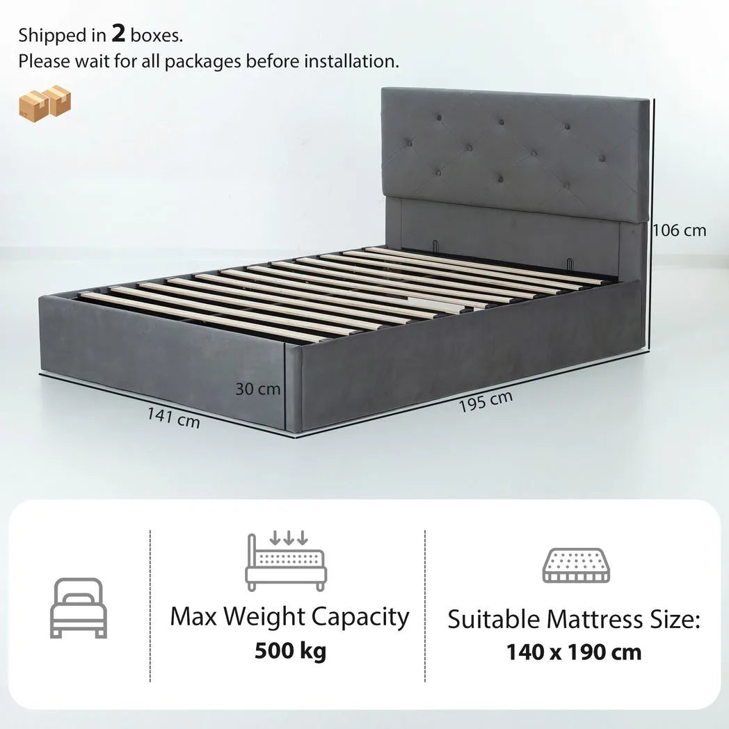 Double Bed Frame Gas End Lift Under Bed Storage Upholstered Platform Bed Tufted Headboard for 140 x 190 cm Mattress