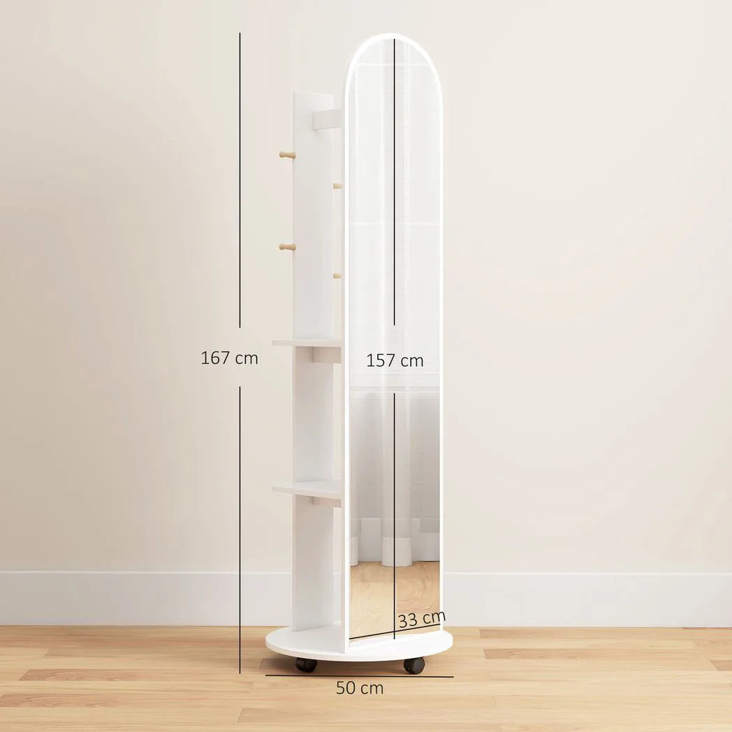 2-in-1 Full Length Mirror with Storage Shelves, Floor Mirror with 4 Wheels, Coat Rack, Hooks, White