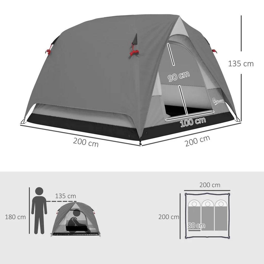 Outsunny Camping Tent, Easy Set Up 2-3 Man Tent with Sewn-in Groundsheet, 3000 mm Dome Tent with Mesh Windows, Dark Grey