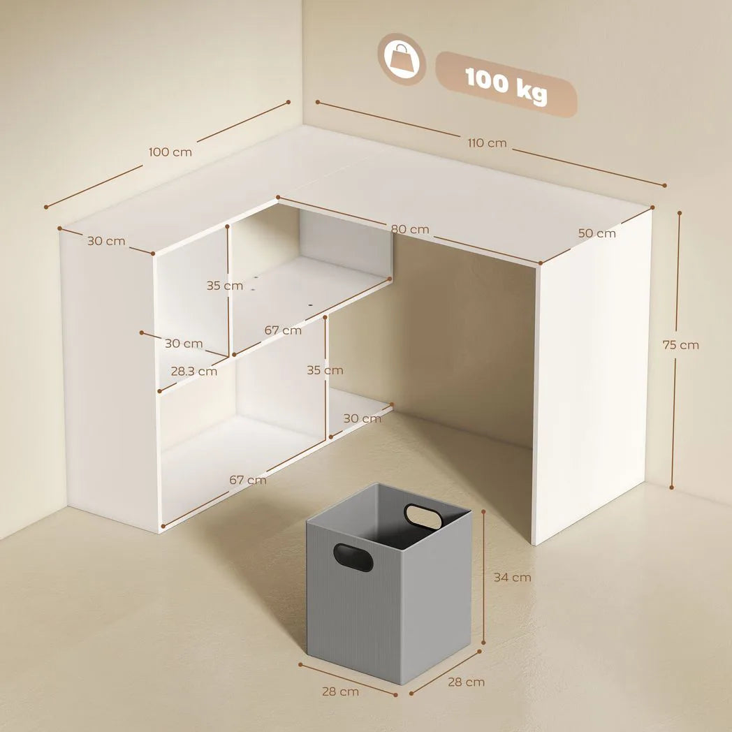 HOMCOM L Shaped Computer Desk, 110 x 100cm Reversible Corner Desk with Fabric Drawer and Storage Shelves, White