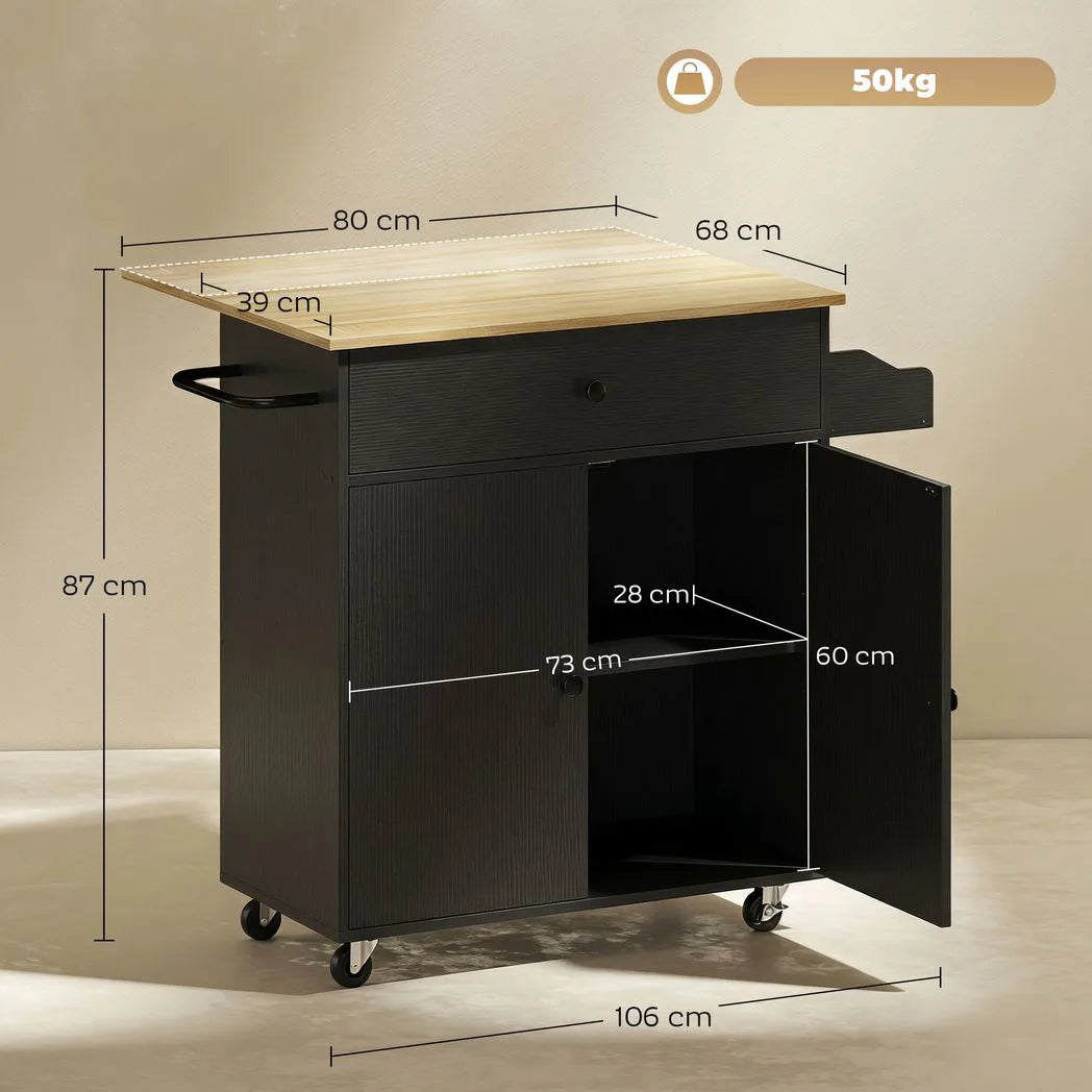 Kitchen Island with Drop Leaf, Rolling Kitchen Storage Trolley on Wheels with Drawer, Spice Rack and Towel Rack, Black