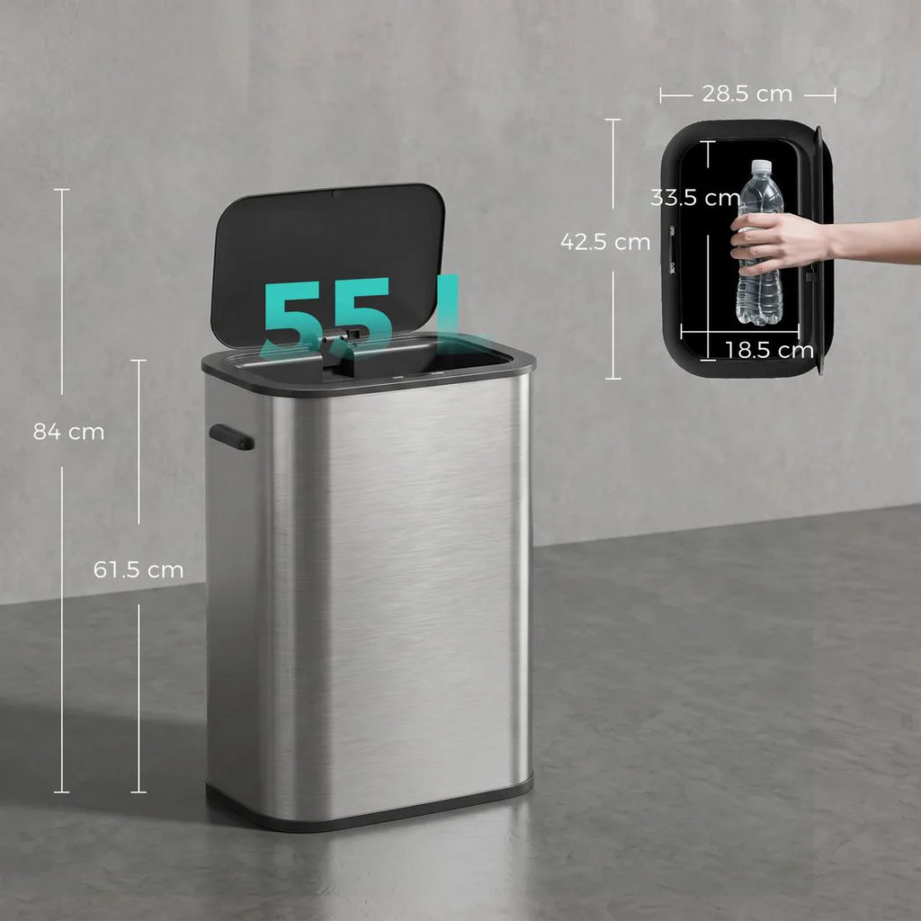 55L Sensor Bin for Kitchen, Touchless Automatic Waste Rubbish Bin, Stainless Steel, Battery Operated, Silver Tone