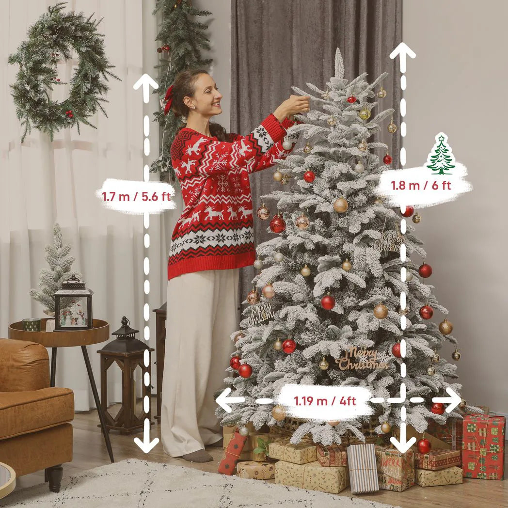 HOMCOM 6 ft Artificial Flocked Christmas Tree with 1182 Branches, Hinged Xmas Tree with Foldable Metal Stand, Easy Assembly for Home Office Decor