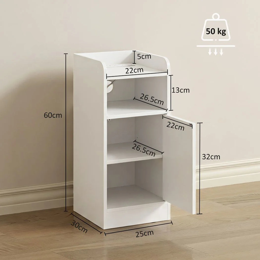 Slim Bedside Table Set of 2 with Charging Station, Narrow Bedside Cabinet with Adjustable Shelf, White