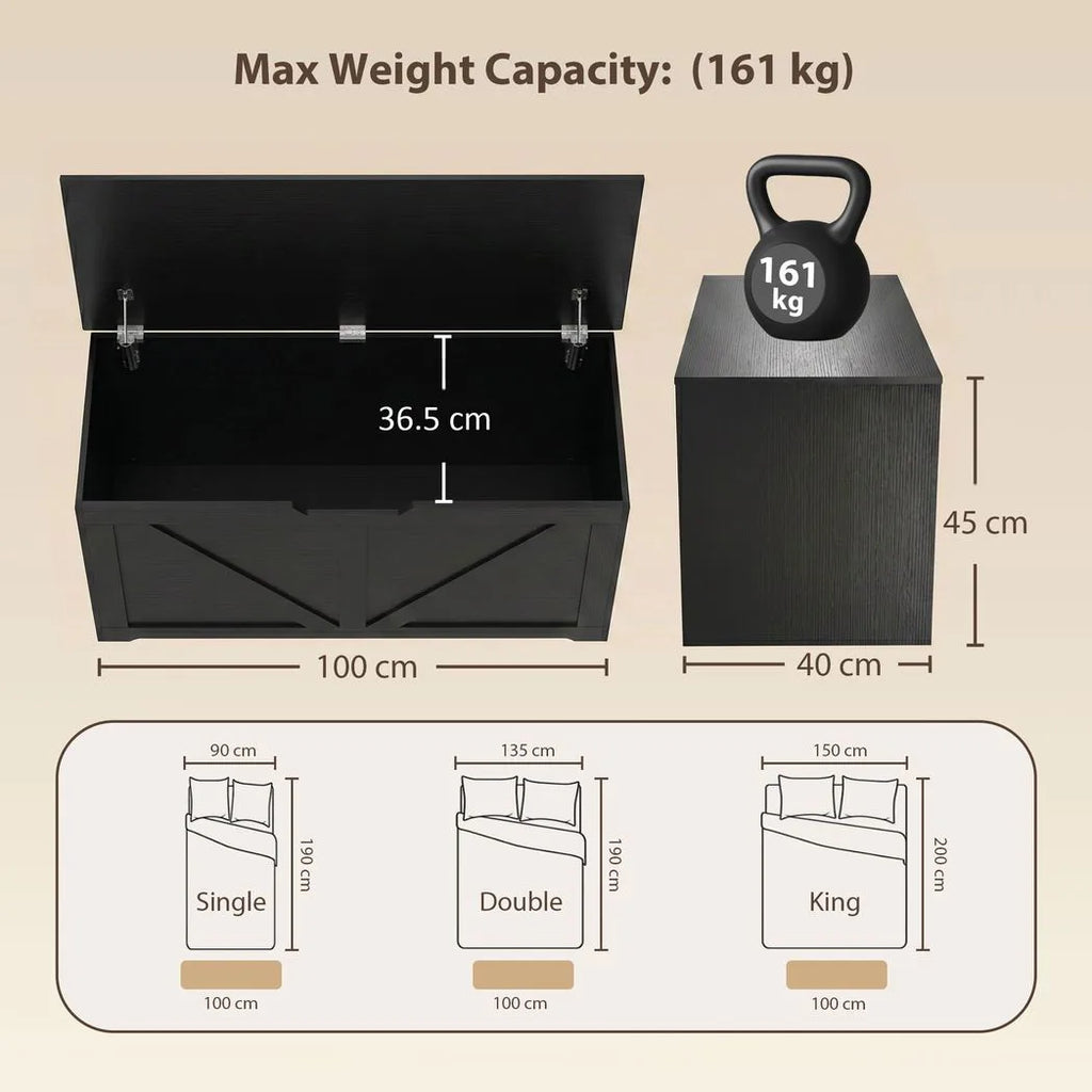 127L Home Storage Box, with Safety Hinges - Black Wood-Effect