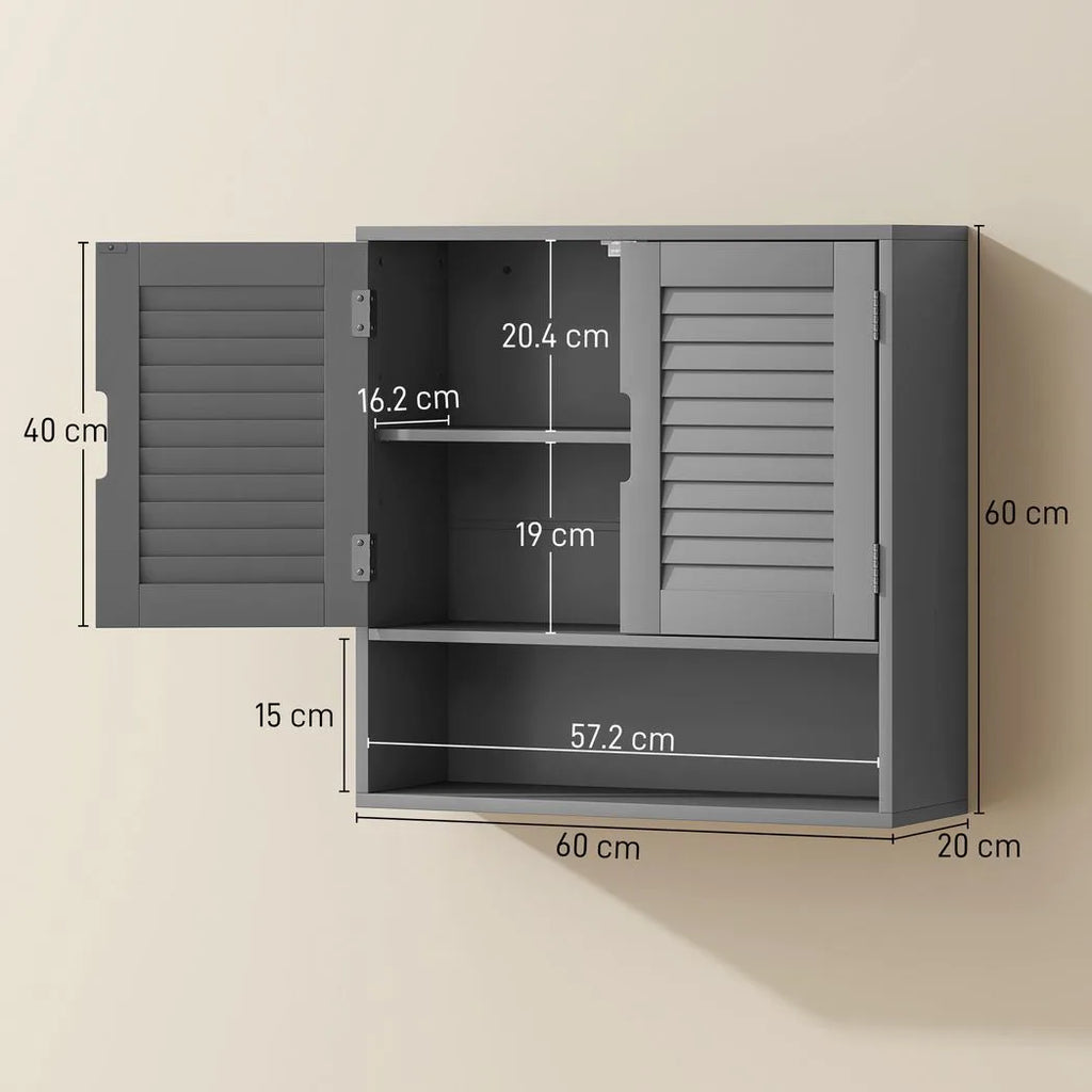 Bathroom Cabinet, Wall Mounted Storage Cabinet with Adjustable Shelves, 60 x 20 x 60 cm, Grey