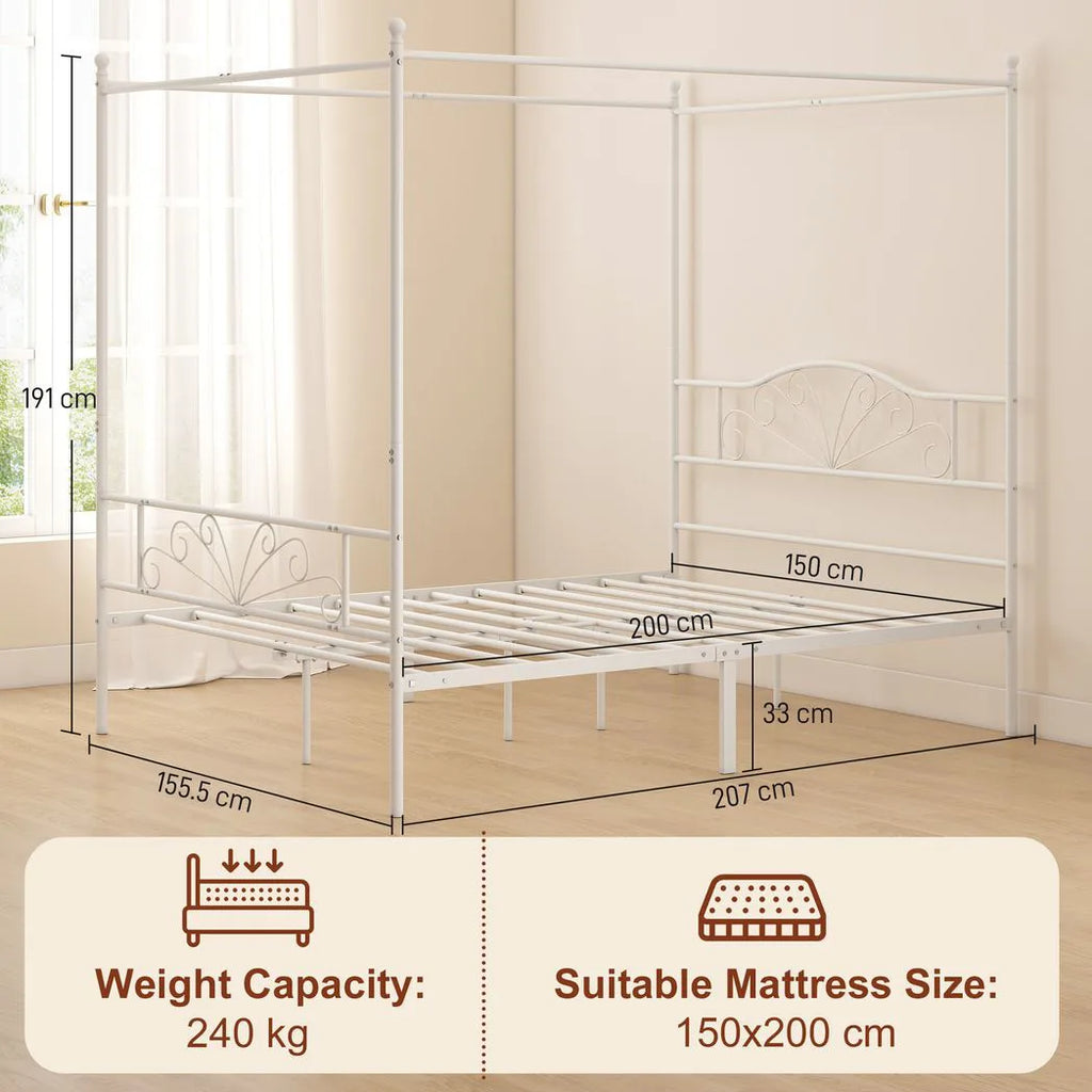 Canopy Bed Frame King Size, Metal Platform Bed Frame with Headboard and Footboard, Underbed Storage, White