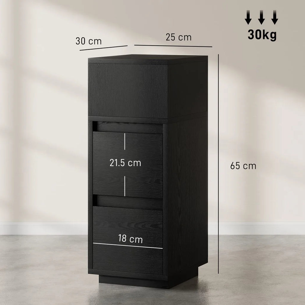 Slim Bedside Table with 2 Drawers — Black, 25cm Wide