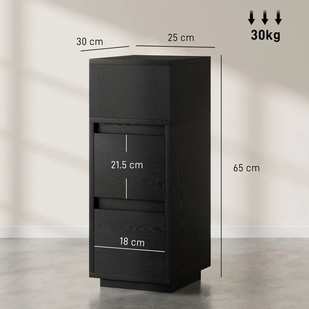 Slim Bedside Table with 2 Drawers — Black, 25cm Wide
