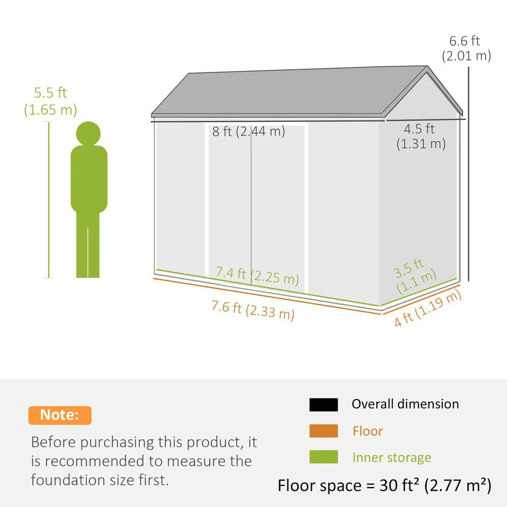 Outsunny 8 x 4 ft Plastic Garden Shed, Wood-Effect Outdoor Storage Shed with Floor, Windows, Lockable Doors and Vents, Light Grey