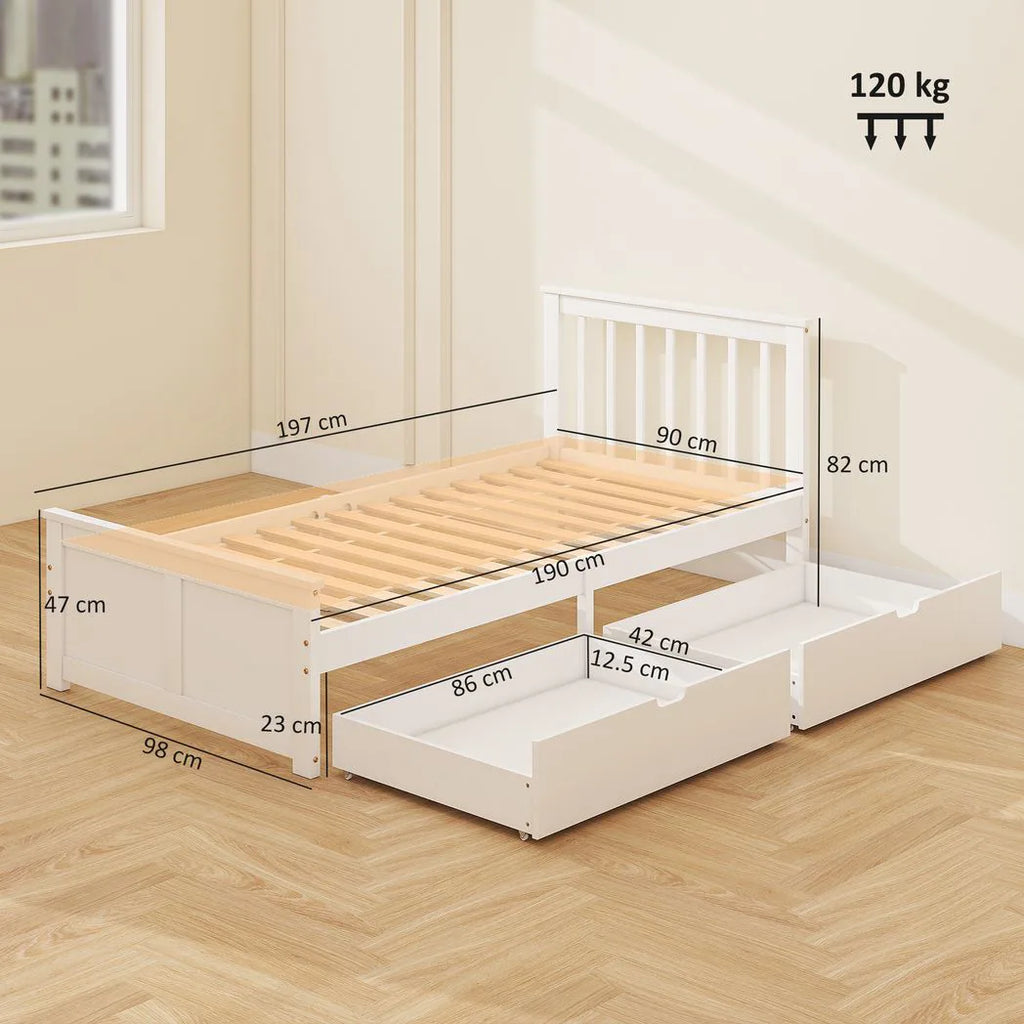Wooden Single Bed Frame, with Drawers - White