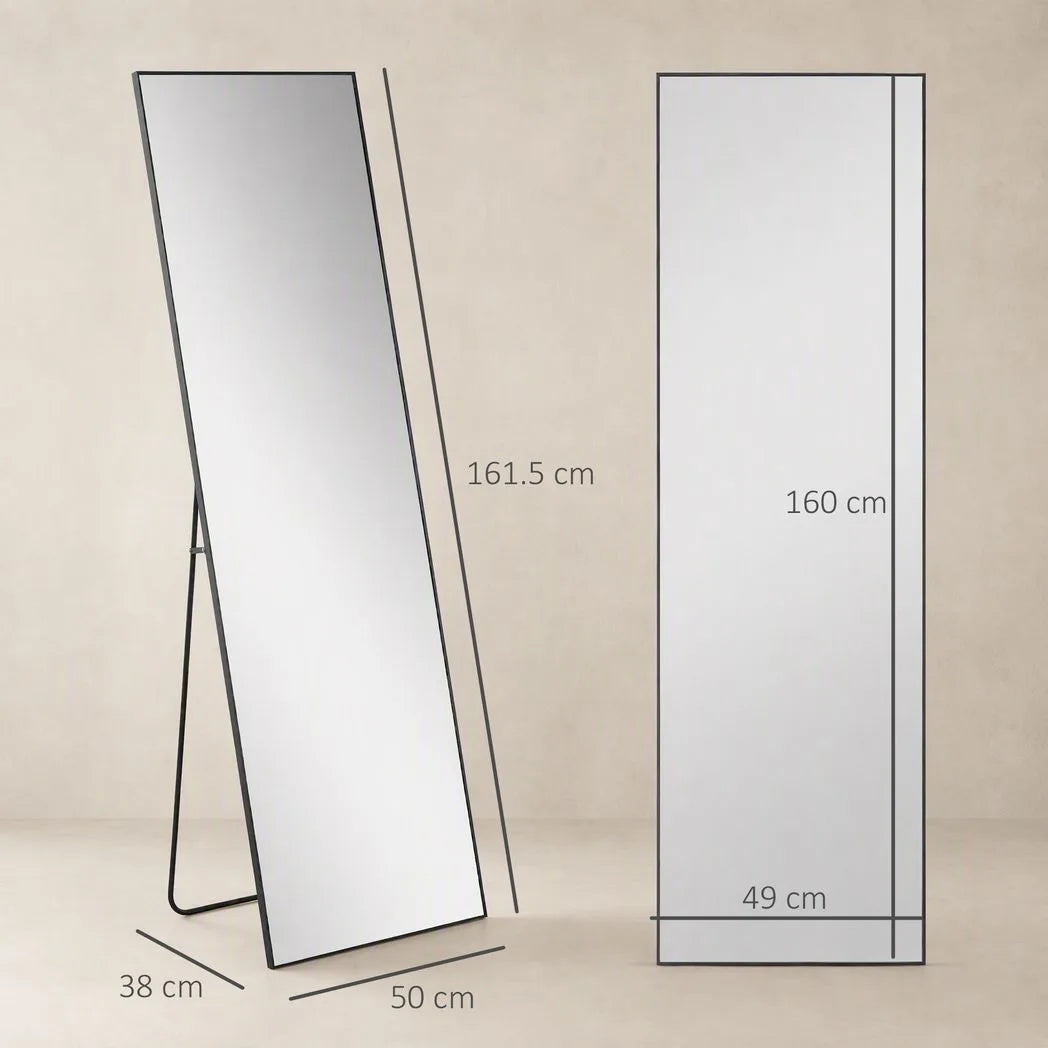 Full Length Mirror, Aluminium Alloy Framed Full Body Mirror with Tempered Glass, Standing or Wall Hanging, Black