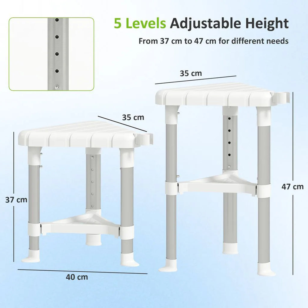 Shower Stool, Aluminium Alloy Corner Shower Chair with Storage Shelf and HDPE Seat, Adjustable Height, White