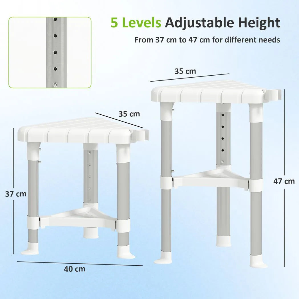 Shower Stool, Aluminium Alloy Corner Shower Chair with Storage Shelf and HDPE Seat, Adjustable Height, White