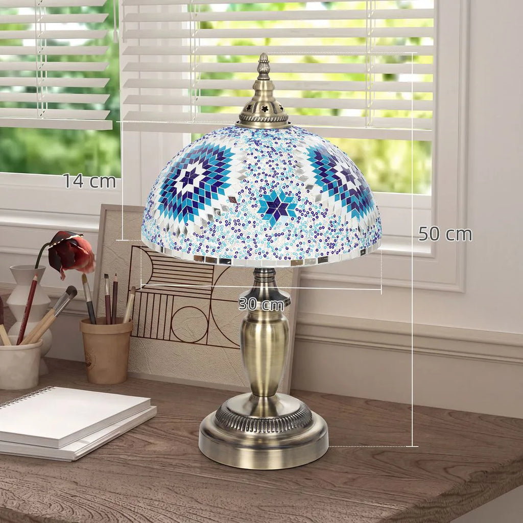 30cm Tiffany Lamp, Stained Glass Bedside Table Lamp with Button Switch and Metal Base, Blue