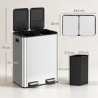 2 x 30L Double Kitchen Bin, Stainless Steel Pedal Rubbish Bin with Dual Compartments, Soft Close Lids, Silver Tone