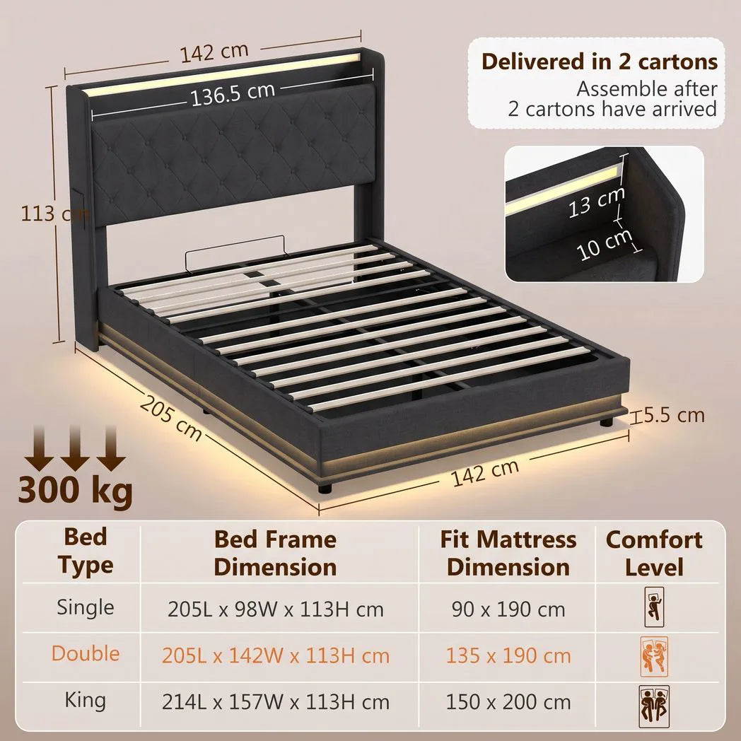 4ft6 Double Bed Frame with Headboard, Platform Bed Frame with Hydraulic Storage, LED Lights and Charging Station, Black