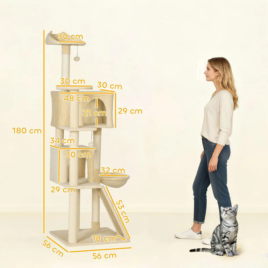PawHut 180cm Large Cat Tree Tower with Sisal Scratching Posts, Condos, Plush Perches, Hammock, Ladder, Beige