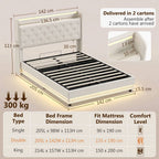 4ft6 Double Bed Frame with Headboard, Platform Bed Frame with Hydraulic Storage, LED Lights and Charging Station, Cream