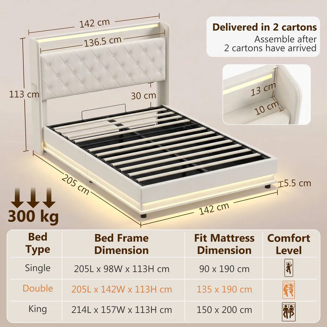 4ft6 Double Bed Frame with Headboard, Platform Bed Frame with Hydraulic Storage, LED Lights and Charging Station, Cream