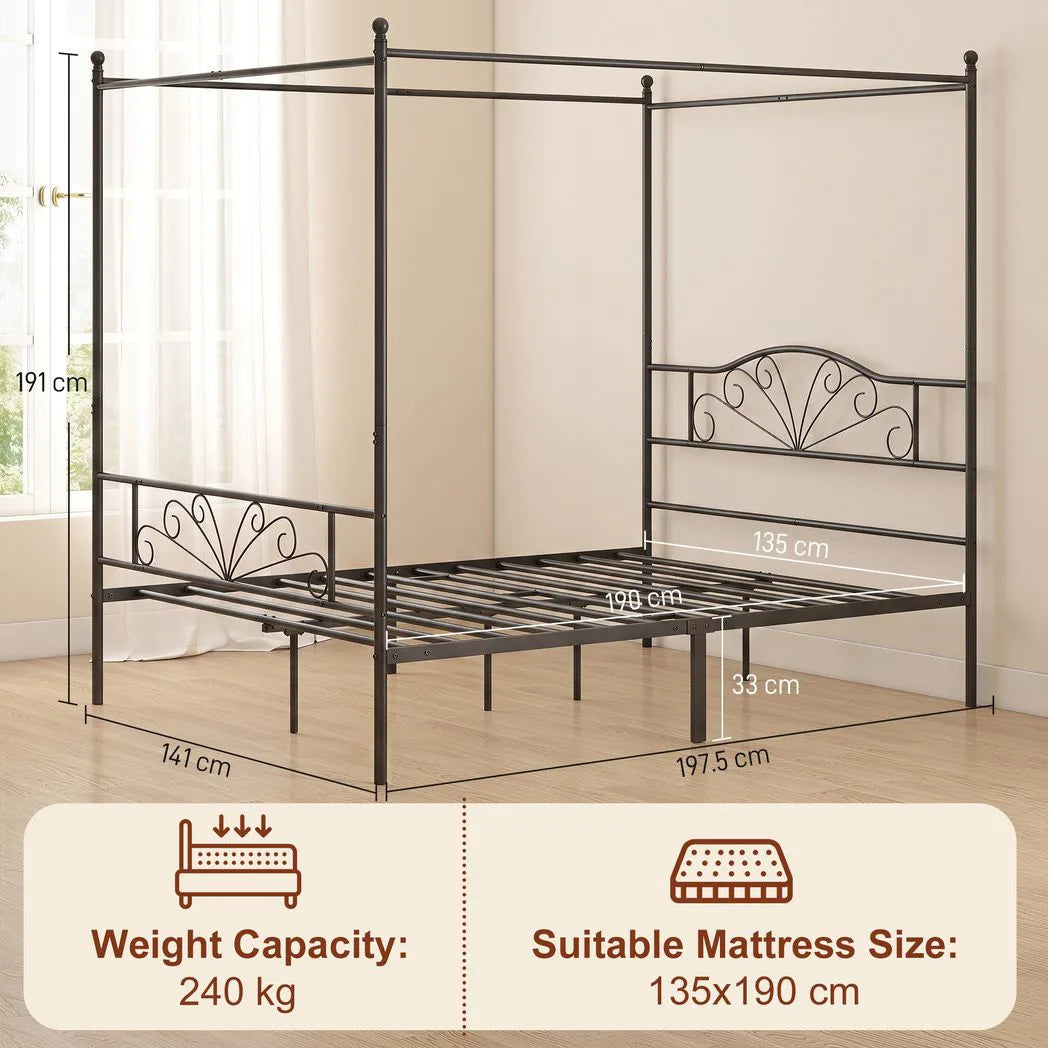 Canopy Bed Frame Double Size, Metal Platform Bed Frame with Headboard and Footboard, Underbed Storage, Black