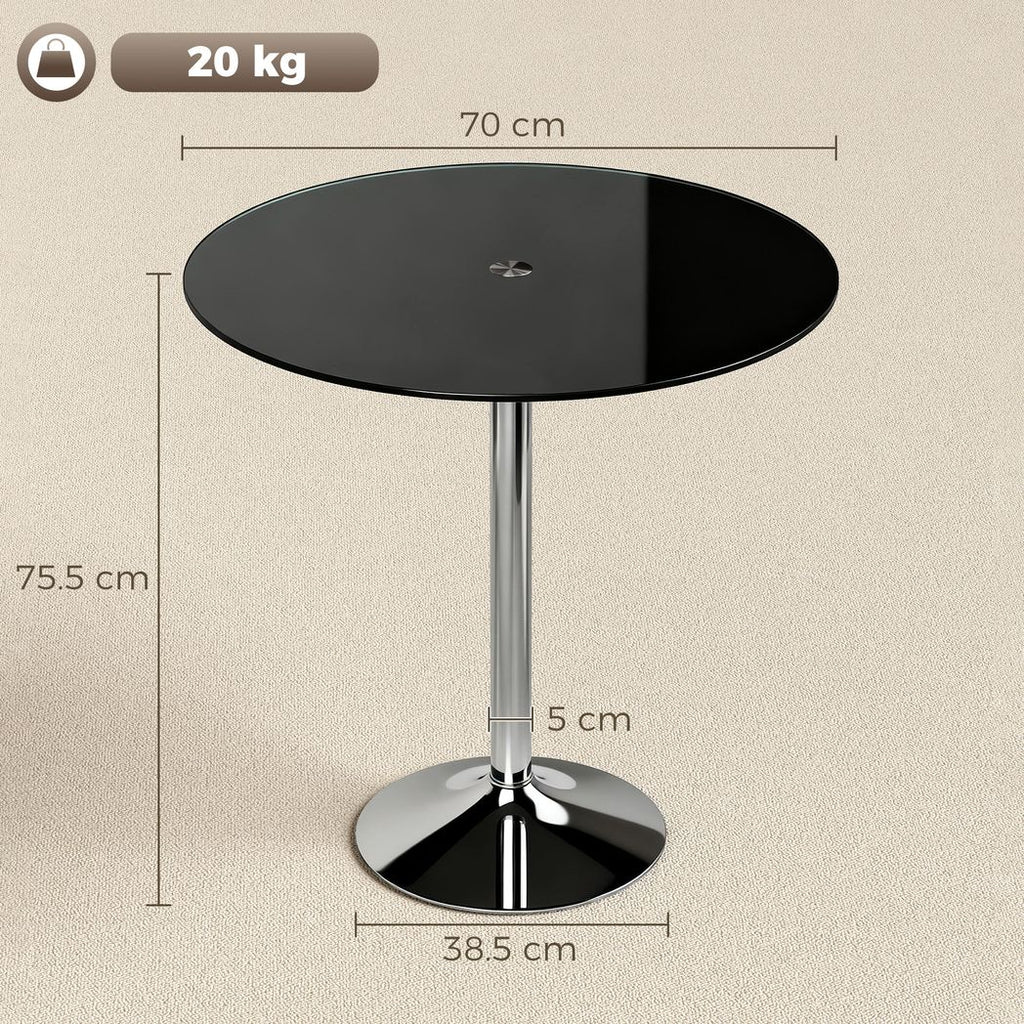 Round Bar Table, Modern Dining Table with Tempered Glass Top and Steel Frame for 4, 70 x 70 x 75.5cm, Black