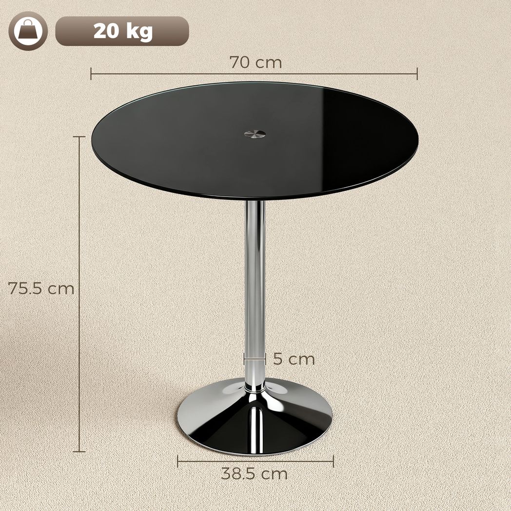 Round Bar Table, Modern Dining Table with Tempered Glass Top and Steel Frame for 4, 70 x 70 x 75.5cm, Black