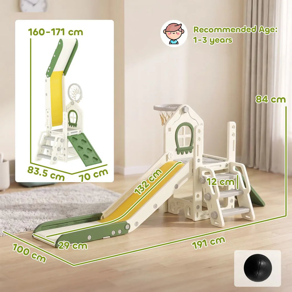 AIYAPLAY Foldable 5 in 1 Toddler Slide with Ladder, Climbing Wall, Basketball Hoop, Storage and Basketball for 1-3 Years, Cream