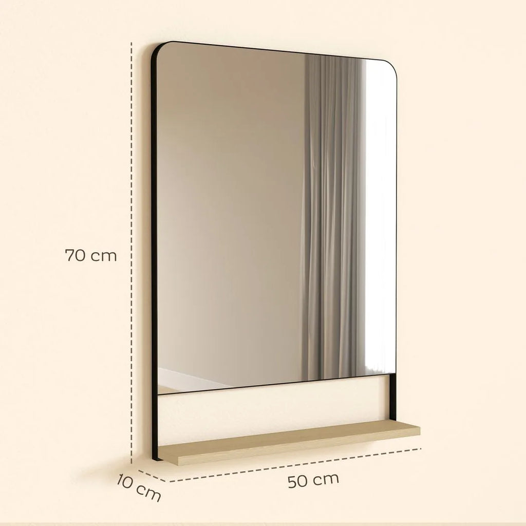 Wall Mirror with Wood Shelf - Black