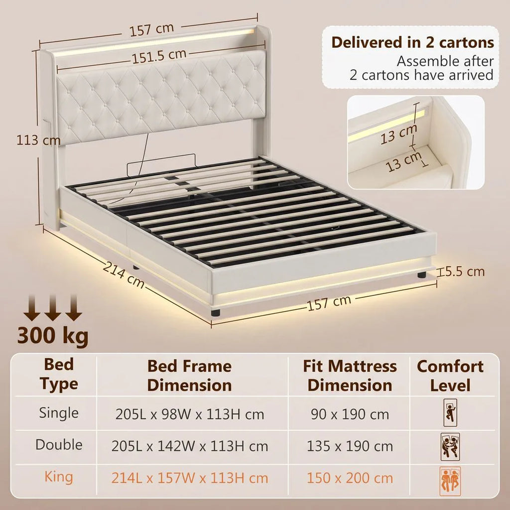 5ft King Bed Frame with Headboard, Platform Bed Frame with Hydraulic Storage, LED Lights and Charging Station, White