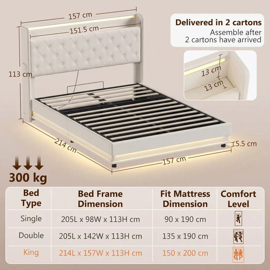 5ft King Bed Frame with Headboard, Platform Bed Frame with Hydraulic Storage, LED Lights and Charging Station, White