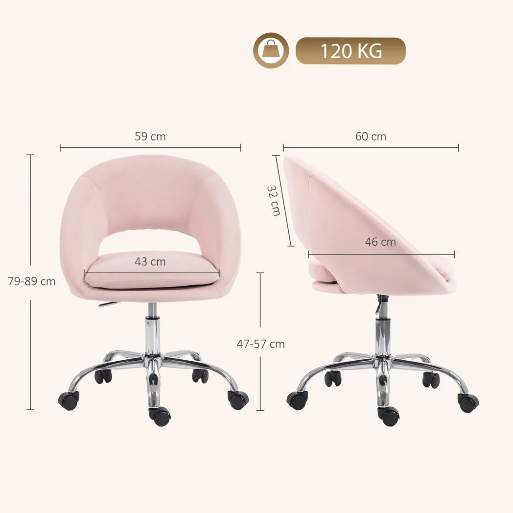 Velvet Desk Chair, Modern Office Chair with Height-Adjustable, Wheels, for Home Study Bedroom, Pink