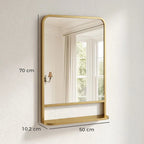 Modern Rectangular Wall Mirror with Storage Shelf, 70 x 50 cm, Gold Tone
