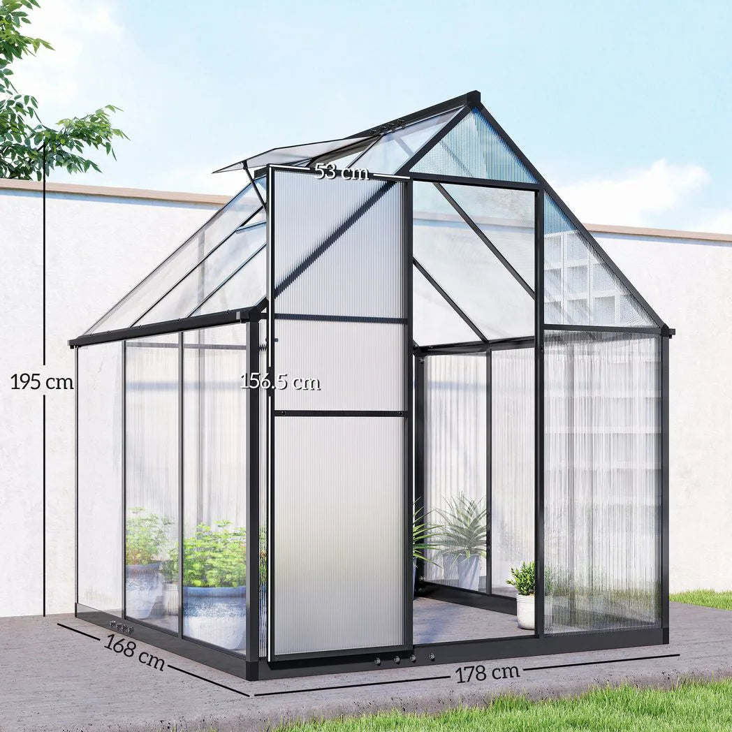 Outsunny 6 x 5.5ft Polycarbonate Greenhouse, Quick Setup Walk in Green House, Push Door, Adjustable Roof Vent, Rain Gutter, Black