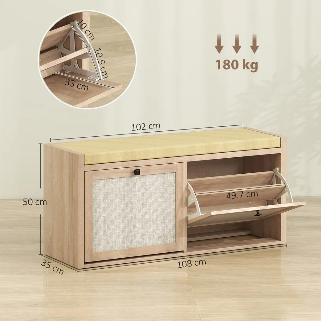 Rattan Shoe Bench with Padded Cushion and 2 Cabinets for Hidden Storage, Oak Wood Effect