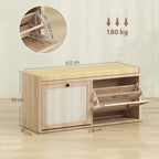 Rattan Shoe Bench with Padded Cushion and 2 Cabinets for Hidden Storage, Oak Wood Effect