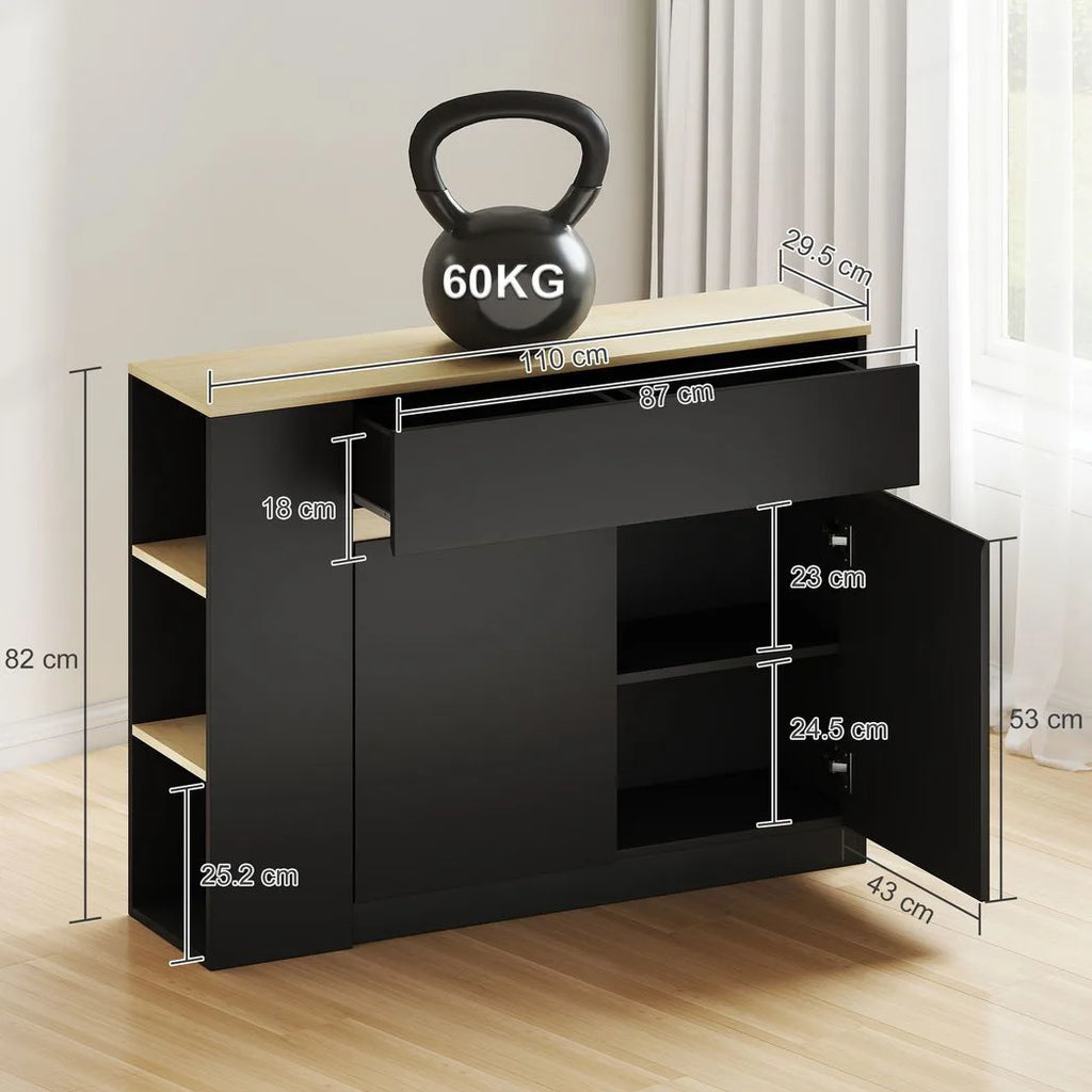 Kitchen Island, Storage Cabinet with Adjustable Shelf, 2 Drawers, 3 Open Shelves, Black