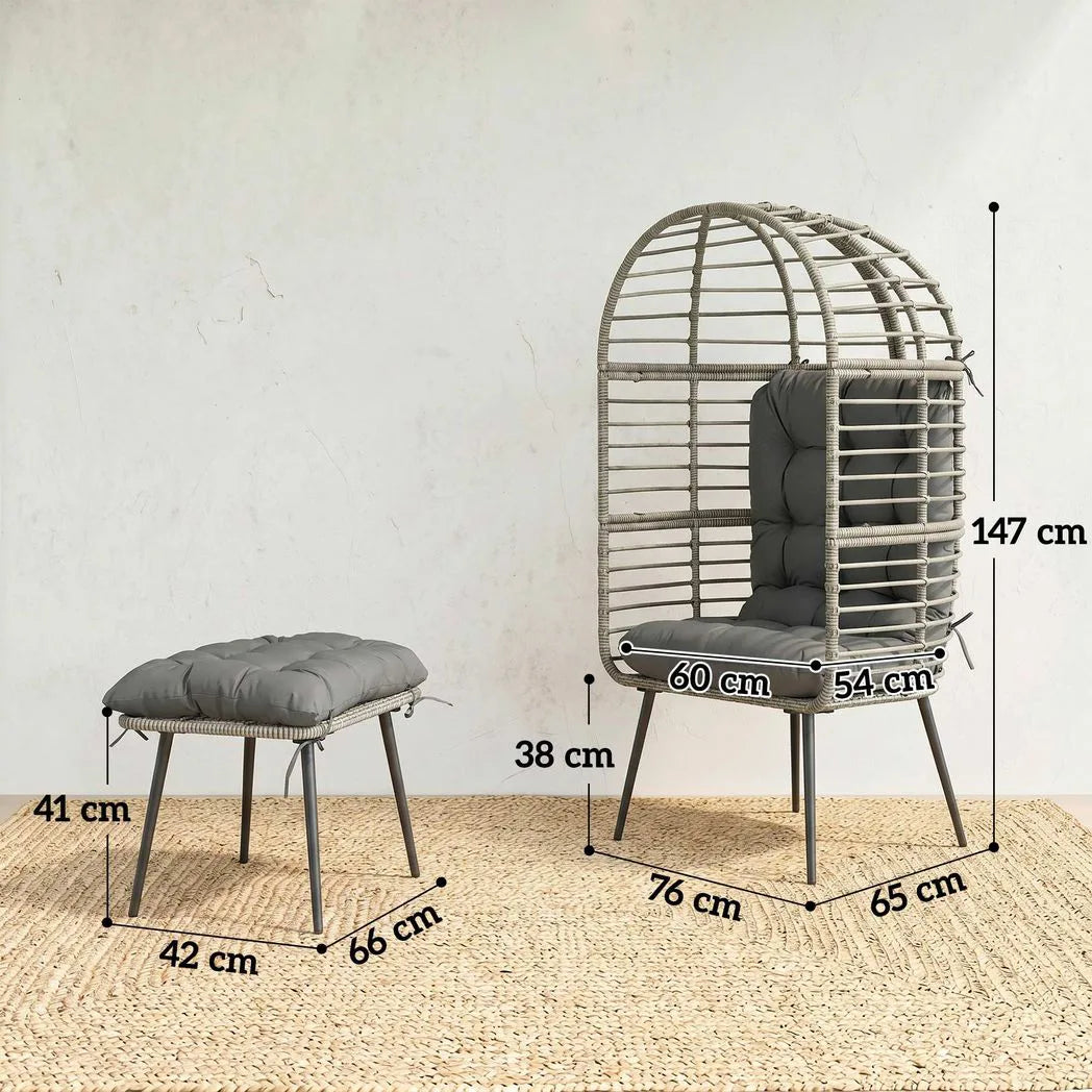 Outsunny Garden Egg Chair with Footstool, Rattan Indoor Outdoor Lounge Chair and Ottoman Set with Thick Cushions, Light Grey