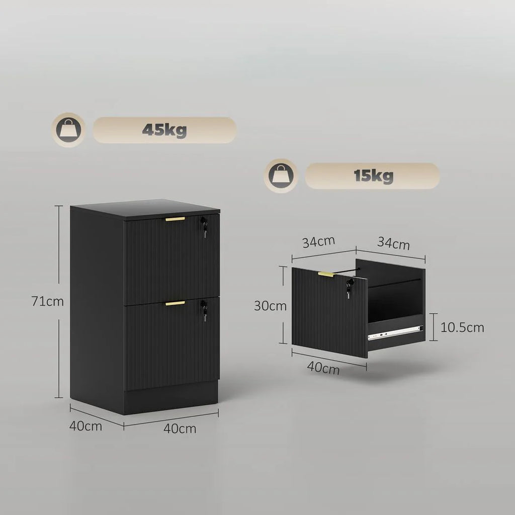 Filing Cabinet, Fluted Vertical File Cabinet with 2 Lockable Drawers and Hanging Rails, Black
