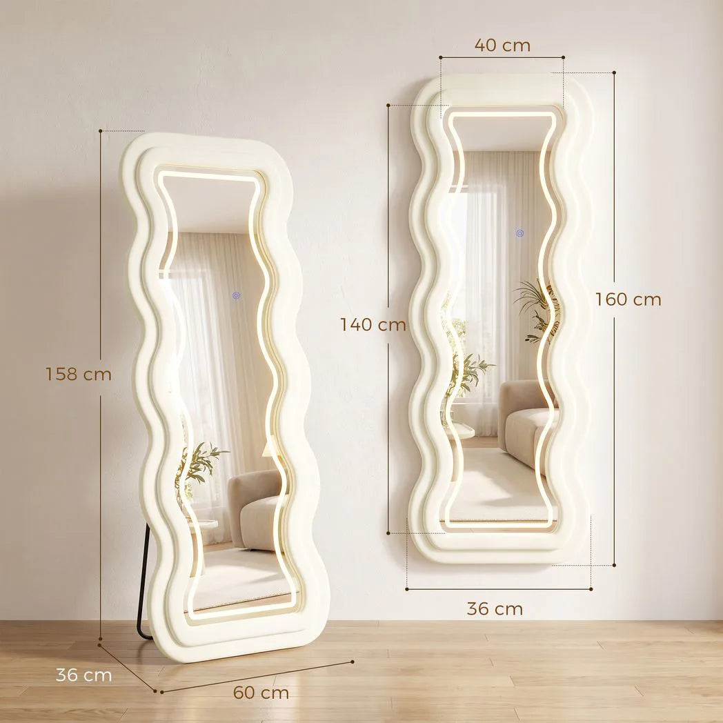Full Length Mirror, 160 x 60 cm Wavy Full Body Wall Standing Mirror with Velvet Frame and LED Light Strip, Cream White