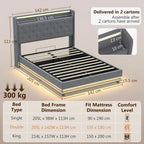 4ft6 Double Bed Frame with Headboard, Platform Bed Frame with Hydraulic Storage, LED Lights and Charging Station, Grey